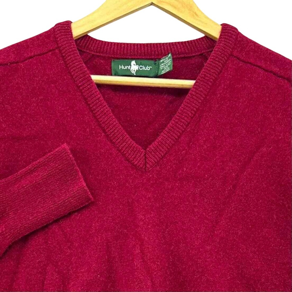 VTG Hunt Club Lambswool V-Neck Sweater Burgundy Red Made in USA SZ L 1990s Prep